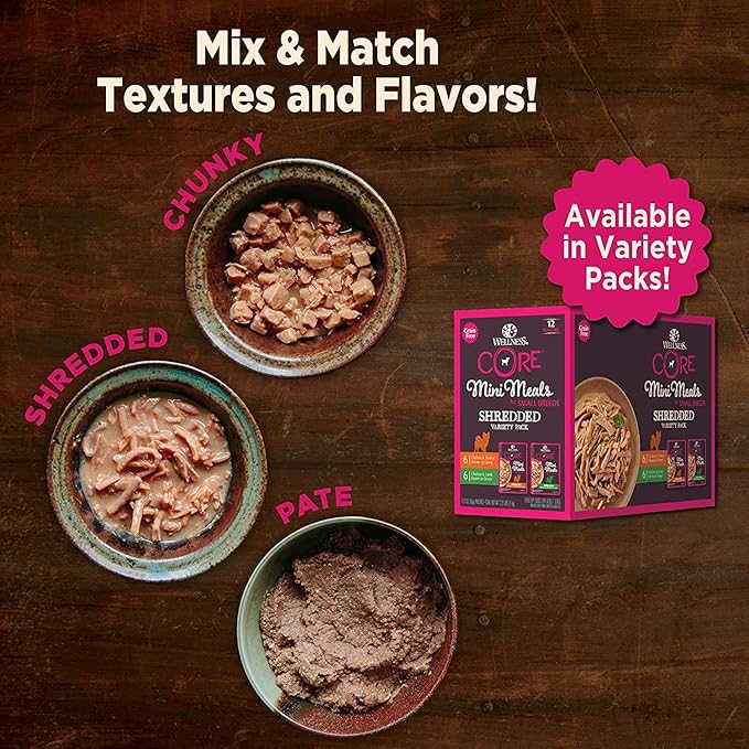 Wellness CORE Mini Meals Grain Free Small Breed Dog Wet Food 3oz Pate Chicken Entree, Chunky Chicken and Liver, Shredded Chicken Turkey Dinner in Gravy 3 Flavors 6 Pack Plus Newspaper Plush Dog Toy