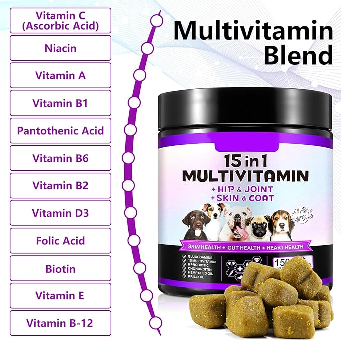 15-in-1 Dog Multivitamin Supplements with Glucosamine & Probiotics,Natural Daily Vitamins Chews for Dogs,Pet Health Support-Skin-Immunity-Gut Digestion-Joint-Heart,150 Pcs-Duck Flavor