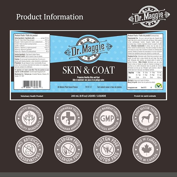 Dr. Maggie Skin and Coat | Omega 3 Supplement with Fish Oil, Flax, and Olive Oil | 240 ml