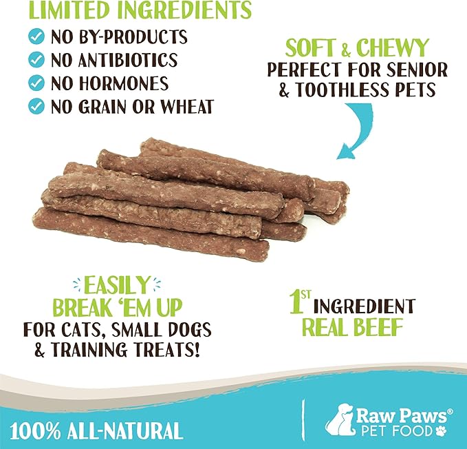 Raw Paws Grain-Free Soft Stick Treats for Dogs & Cats - Beef Recipe, 6-oz - Made in USA Beef Jerky Dog Treats - Cat Beef Sticks - Chewy Dog Beef Jerky Treats - Real Beef Dog Treats, Dog Sausage Treats