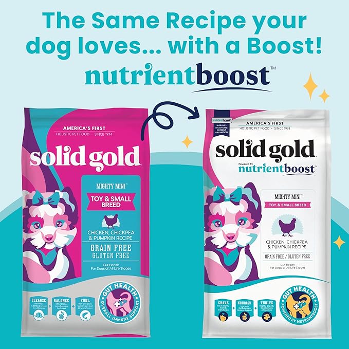 Solid Gold Nutrientboost Mighty Mini Small Breed Dog Food - Dry Dog Food Made with Real Chicken for Any Toy Breed - Grain & Gluten Free Recipe for Gut Health & Sensitive Stomach Support - 3.75 LB Bag