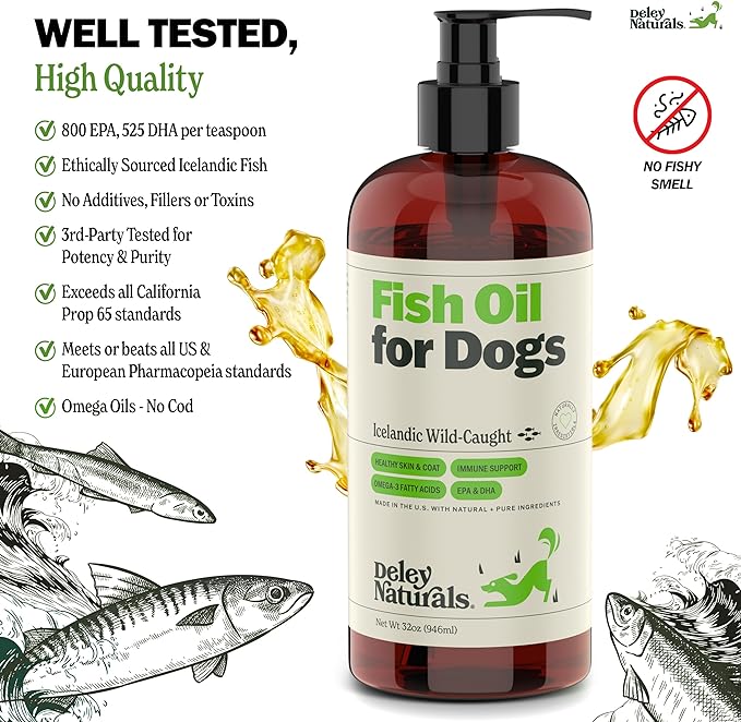 Wild Caught Fish Oil for Dogs - 32oz - Omega 3-6-9, GMO-Free - Reduces Shedding, Supports Skin, Coat, Joints, Heart, Brain, Immune System - Highest EPA & DHA Potency - Only Ingredient is Fish