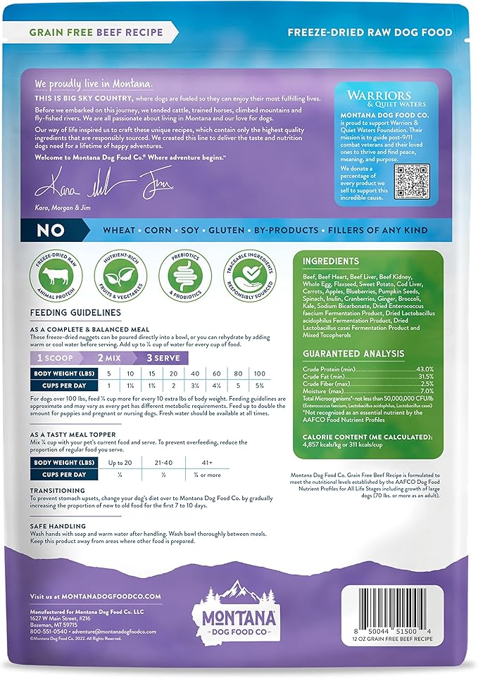 Montana Dog Food Grain-Free Small Batch Freeze Dried Raw Dog Food (Free-Range Beef) Made in USA, Prebiotics & Probiotics, No Synthetic Vitamins, Dog Food Topper or Complete Meal (12 oz)