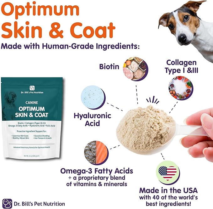 Dr. Bill’s Canine Optimum Skin & Coat (680g) – Fish Oil Omega-3 Fatty Acids Dog Supplement with Biotin, Type I & III Marine Collagen, Hyaluronic Acid & Folic Acid