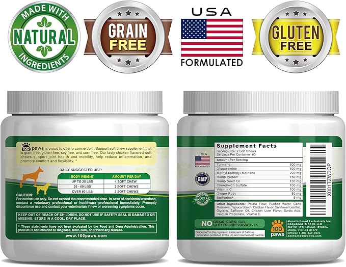Hip & Joint Supplement for Dogs - Hemp Oil Infused Soft Chews Dog Treats w/Glucosamine, Turmeric, Chondroitin, MSM & Omega 3 6 9 -Supports Pet Mobility & Pain Relief-120 Treat Bites