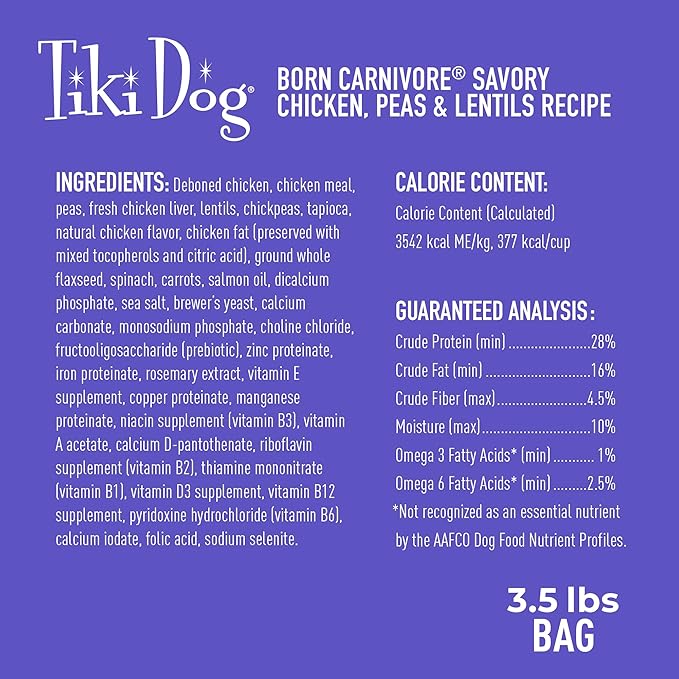 Tiki Dog Born Carnivore for Dogs, Savory Chicken, Peas & Lentils Recipe, Grain Free Baked Kibble for Maximum Nutrition, For Adult Dogs and All Size Breed Dogs, 3.5 lbs. Bag