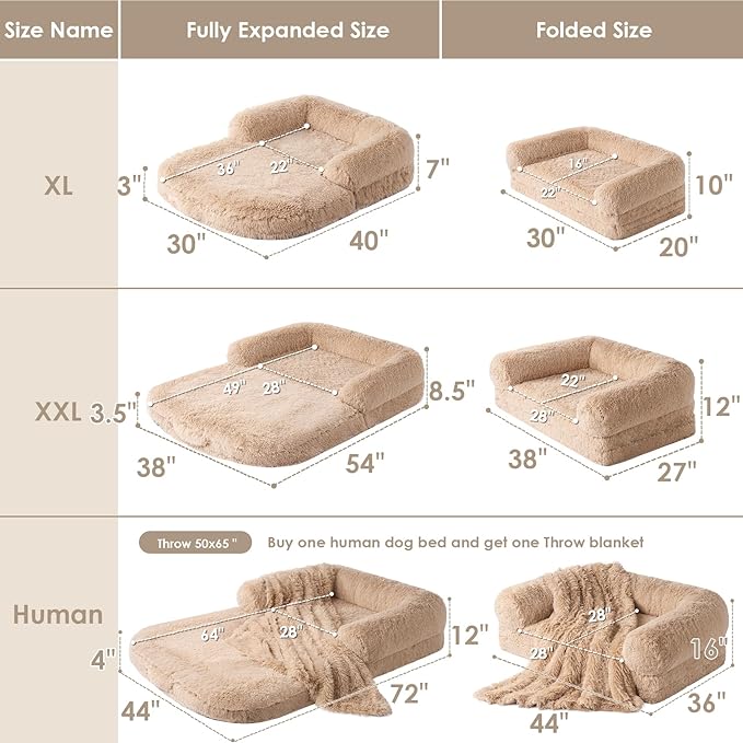 EHEYCIGA Foldable XL Dog Bed, Faux Fur Fluffy Dog Bed for Extra Large Dogs, Orthopedic Calming Memory Foam XL Dog Couch Bed, Washable Soft Warm Dog Sofa Bed with Non-Slip Bottom, Camel, 40"x30"x7"
