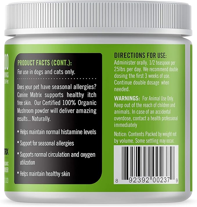 Canine Organic Mushroom Powder Skin and Coat Supplement, 200 Grams (Packaging May Vary)