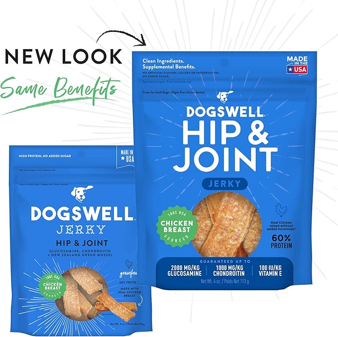 DOGSWELL Jerky Hip and Joint Dog Treats Grain Free Made in USA Only, Glucosamine and Chondroitin, 4 oz Chicken (842193)