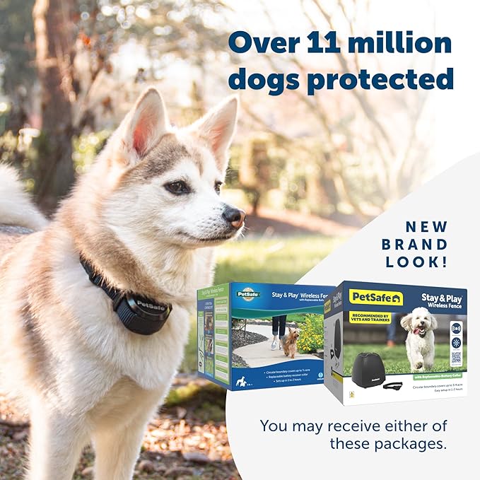 PetSafe Stay & Play Wireless Pet Fence & Replaceable Battery Collar - Circular Boundary Secures up to 3/4 Acre Yard, No-Dig, America's Safest Wireless Fence from Parent Company INVISIBLE FENCE Brand