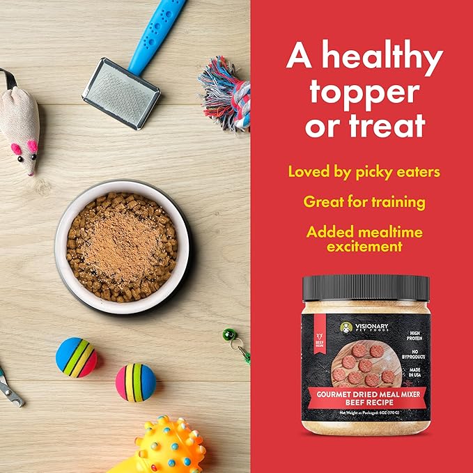 Visionary Pet Foods Gourmet Freeze Dried - Meal Mixer, Dry Food Topper, High in Protein, Low Carb and Grain Free, Healthy Snack for Dogs, Beef Flavor 6oz. Jar