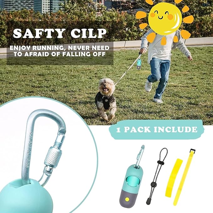 Dog Poop Bag Dispenser with Flashlight|Dog Poop Bag Holder with Leash Clip|Hands-Free Leash Poop Bag Holder with Straps and 1 Roll Dog Waste Bags (Crystal Blue)
