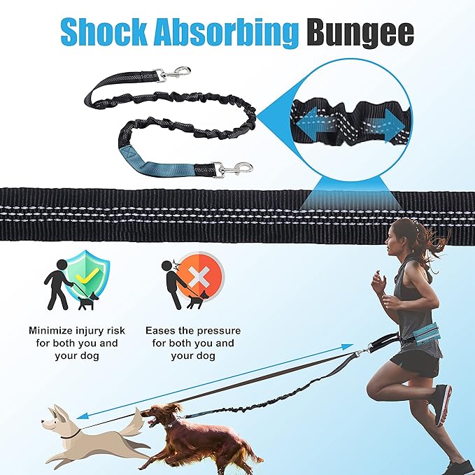 Hands Free Dog Leash with Zipper Pouch, for Medium and Large Dogs, 4Ft 6 Ft, Waist Leash for Dog, Durable Bungee for Walking, Jogging, and Running Your Dog (Large, 25-120 lbs, Blue)