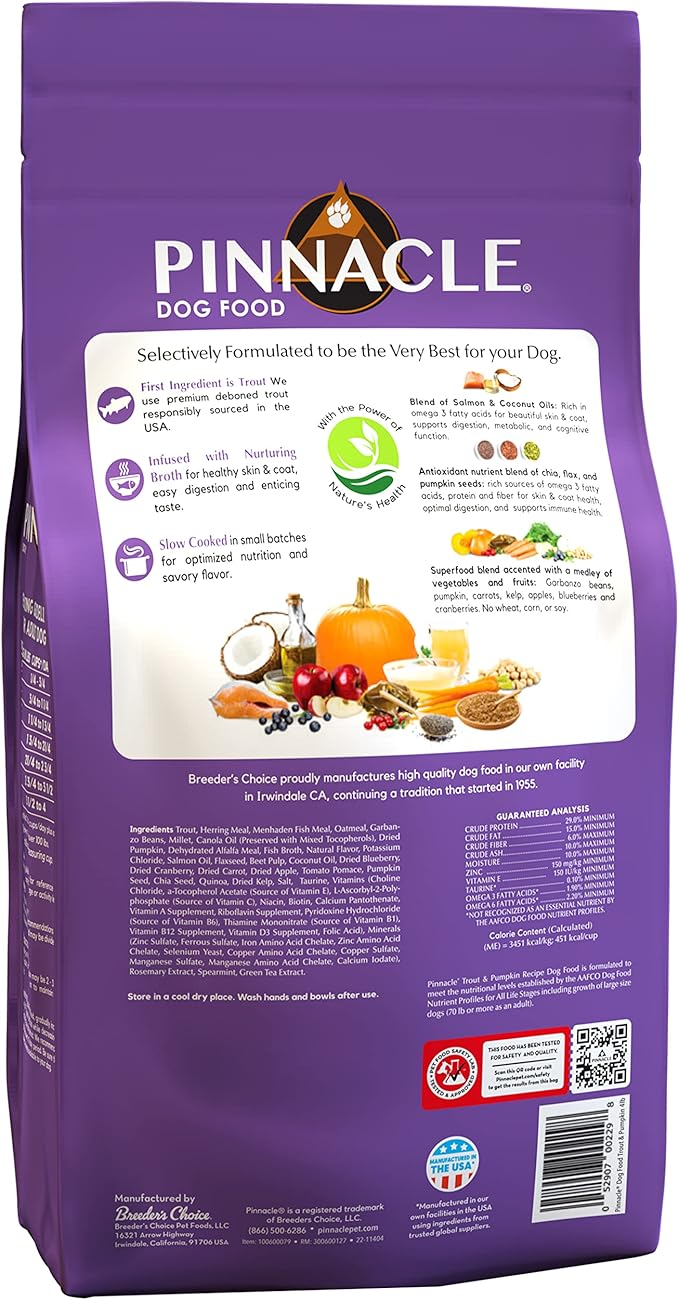 pinnacle pet Trout & Pumpkin Dry Dog Food 4 lb, Infused with Broth
