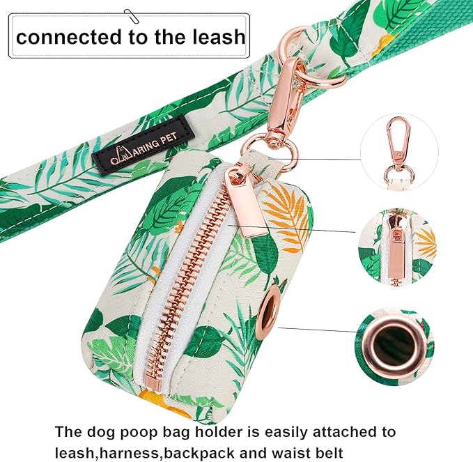 ARING PET Dog Waste Bag Dispenser, Cotton Doggy Poop Bags Holders Attach to Any Leashes, Portable Washable Leaf Pattern Pet Waste Pouch Dispenser with Metal Zipper