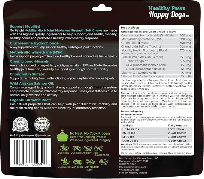 Mobility Hip and Joint Chews for Dogs Maximum Strength | Joints Health Supplement with Glucosamine, Chondroitin, MSM, Turmeric, Green Lipped Mussels, Wild Alaskan Salmon Oil, Omega 3