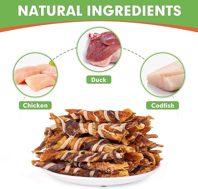 MON2SUN Dog Treats, Triple Flavor Jerky Twist Sticks, 4.5-5 Inch Chicken Duck and Codfish Sticks Dog Chews for Small Dogs, Healthy Dog Snacks, 10.58 oz (30 Count-Pack of 1)
