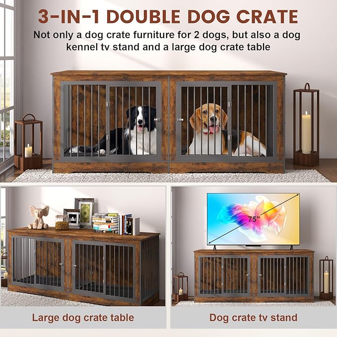 75 Inch 3-in-1 Large Double Dog Crate Furniture for 2 Dogs Durable Rustic Brown Dog Crate TV Stand with Trays and Divider