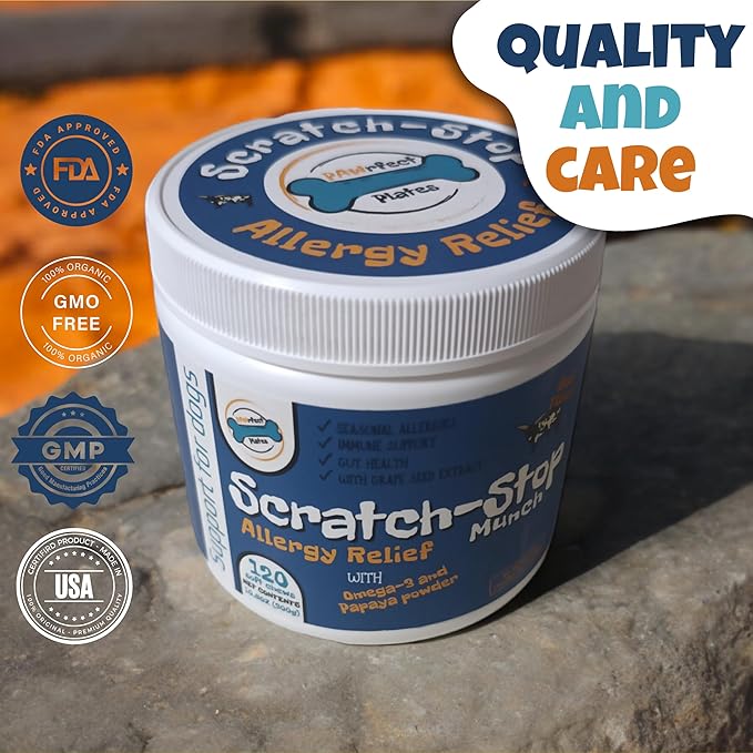 Plates Scratch-Stop Calming Chews for Dogs with Allergies and Itchy Skin, Essential Dog Allergy Relief and Vitamins Supplement for Immune Support, Omega-3, and Gut Health, Seasonal Allergies