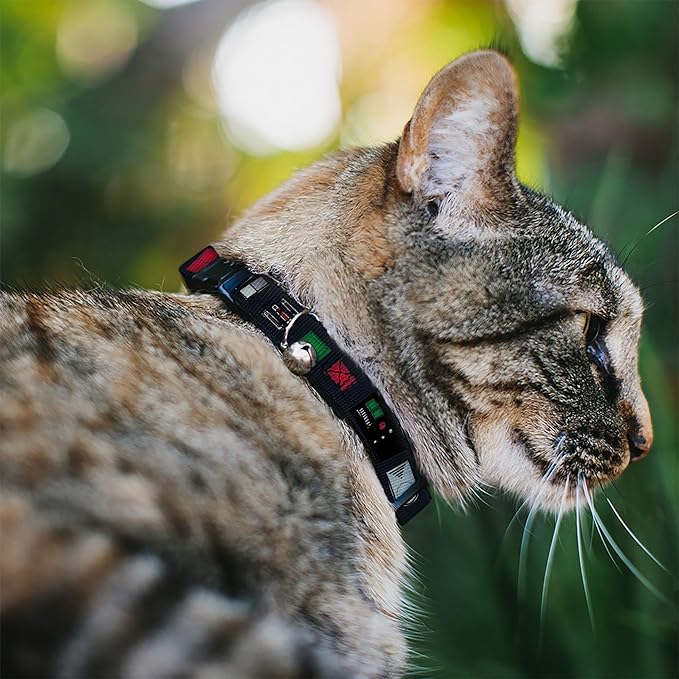 Star Wars Cat Collar, Breakaway Collar with Bell, Star Wars Darth Vader Utility Belt Bounding Black Grays Reds, 8.5 to 12 Inches 0.5 Inch Wide