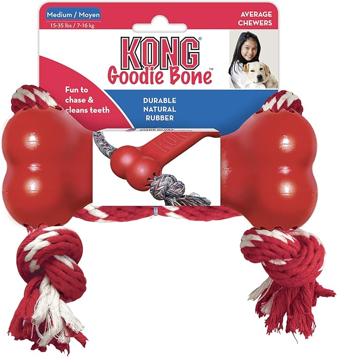 KONG Goodie Bone with Rope - Classic Durable Natural Rubber Dog Bone, Supports Mental Engagement - Treat Dispensing - Red - for Medium Dogs