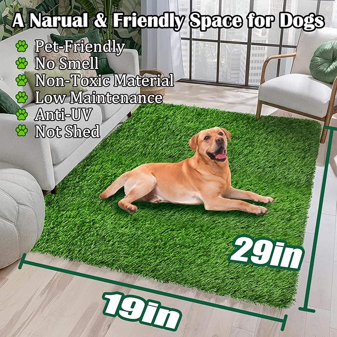Dog Pee Grass Pads, 19" x 29" Puppy Turf Potty Training Tray, Thick & High Drainage Pets Fake Grass for Indoor Outdoor Use