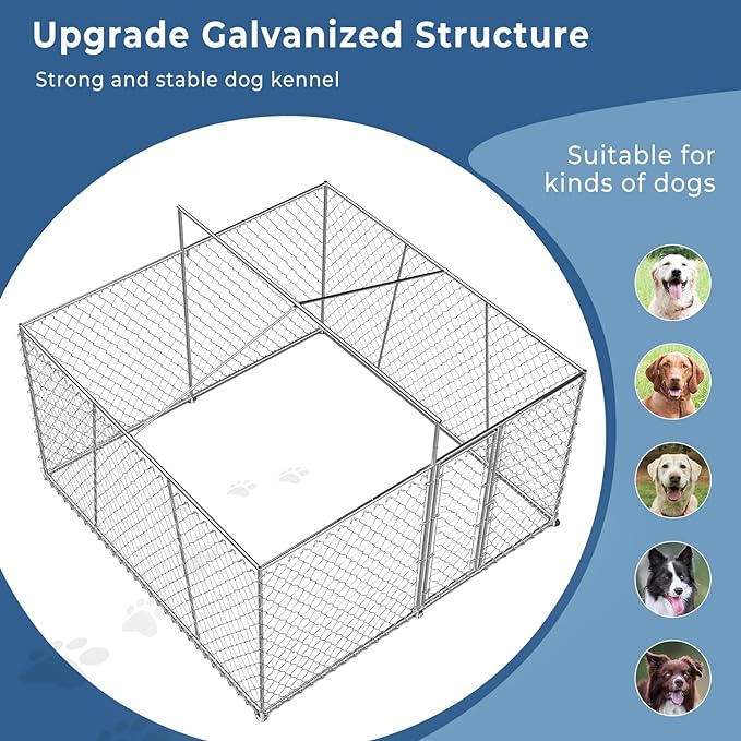 Upgraded 10×10FT Outdoor Dog Kennel with Cover Roof, Extra Large Dog Run House Pen Enclosure with Side Rod, Heavy Duty Chain Link Dog Kennel with Lock for Outside Backyard