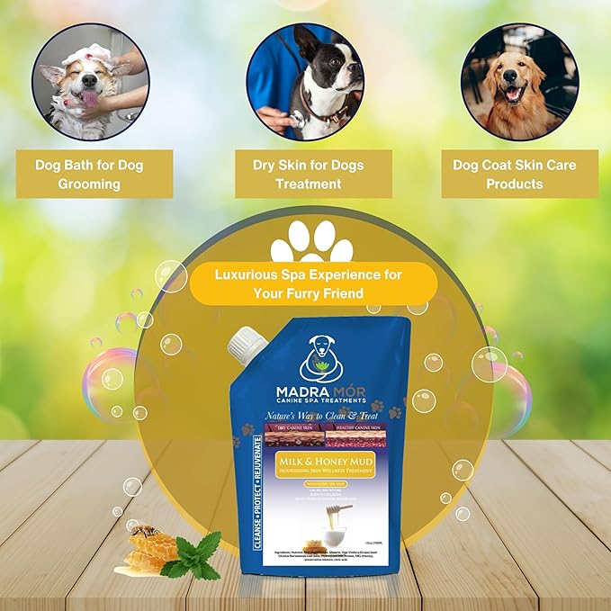 Madra Mor Milk & Honey Mud Spa Bath for Dogs | Dog Bath for Dog Grooming | 10oz Pouch Mud Bath Dog Essentials with Multi-Purpose Key Chain