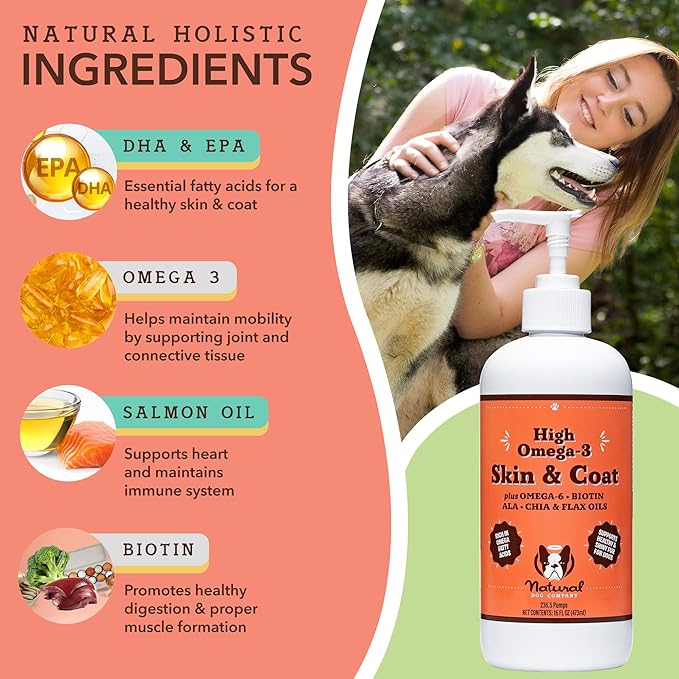 Natural Dog Company Skin & Coat Oil (16 oz.), Supports Skin Health, Fish Oil Supplements for Dogs, Soft Coat, Salmon Oil & Flaxseed Oil, Fatty Acids, Bottle of Dog Fish Oil with pump, Antioxidant