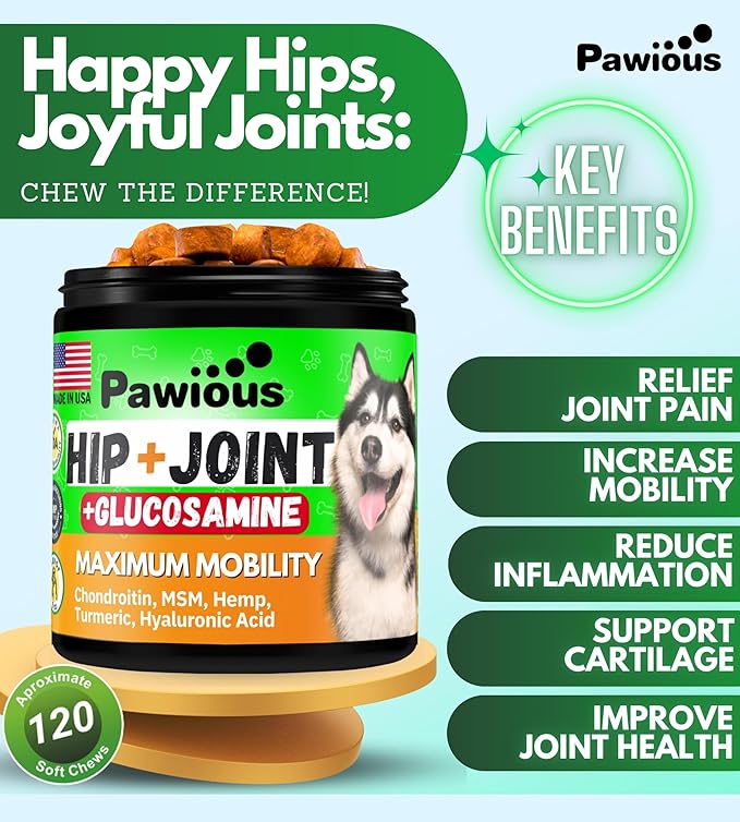 Hip and Joint Chews for Dogs - Glucosamine for Dogs - Dog Joint Pain Relief - Chondroitin, MSM, Turmeric, Hemp Oil Treats - Advanced Support Dog Joint Supplement Health - Mobility Bites