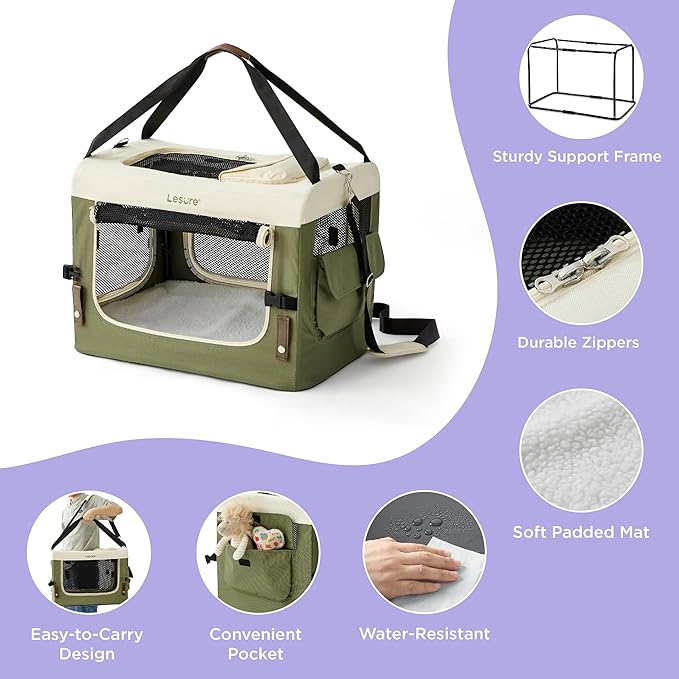 Lesure Collapsible Travel Dog Crate for Small Dogs, Portable Soft Dog Crate for Outdoor & Indoor, Folding Fabric Dog Kennel with Handle, 24 Inch Heavy Duty Pet Carrier (Green)