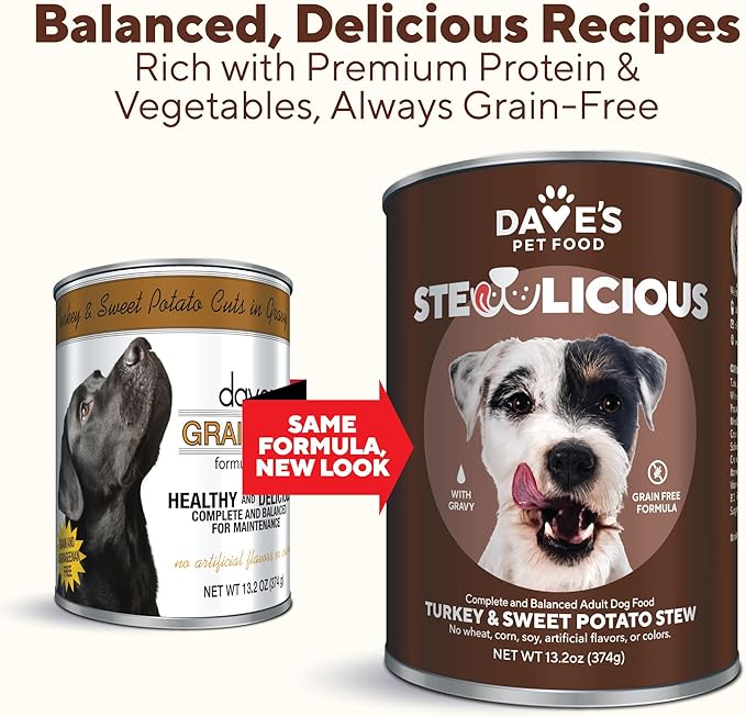 Dave's Pet Food Grain Free Wet Dog Food (Turkey & Sweet Potato in Gravy), Made in USA Naturally Healthy Canned Dog Food, Added Vitamins & Minerals, Wheat & Gluten-Free, 13.2 oz Cans (Case of 12)