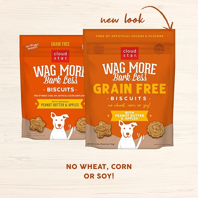 Cloud Star Wag More Bark Less - Dog Treats - Crunchy Biscuits - Grain Free Peanut Butter & Apples - 2.5 lb Pouch