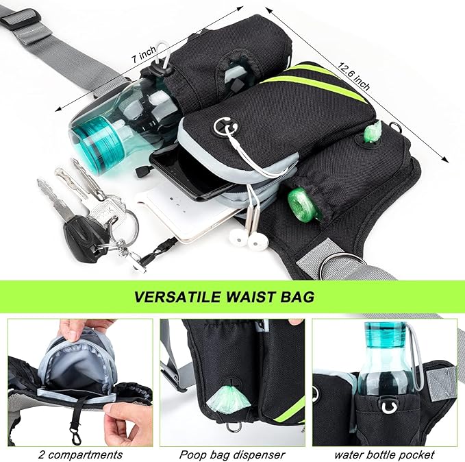 Retractable Bungee Hands Free Dog Leash with Zipper Pouch, Padded Waist Dog Leash, Dog Running Leash Handsfree with Dual Handles and Reflective Stitching for Walking Running Jogging Hiking, Waist Belt