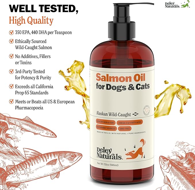 Deley Naturals Premium Alaskan Wild Caught Salmon Oil for Dogs and Cats - Omega-3 Rich Fish Oil Supplement for Healthy Skin, Coat, and Joints - All-Natural, Sustainably Sourced - 32 Oz