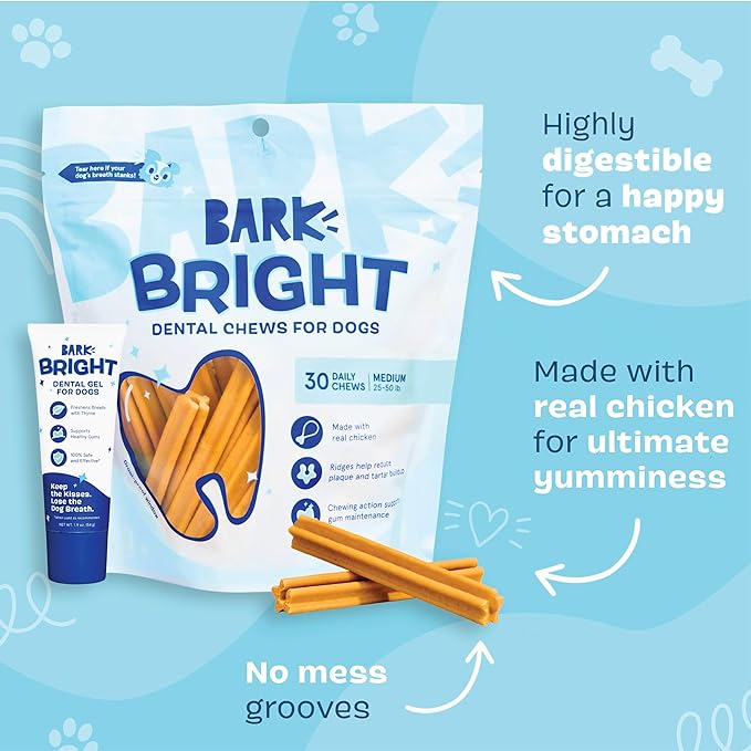 Bark Bright Original Dental Kit - Dog Tooth Brushing Treatment with Teeth Cleaning Chew Sticks & Toothpaste - Plaque & Tartar Remover for Cleaner Teeth & Fresh Breath - Medium Breeds - 30 Chews