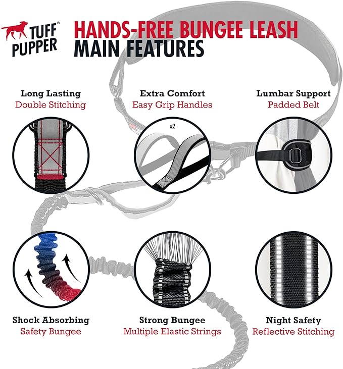 Tuff Pupper Heavy Duty Hands Free Dog Leash | One Small/Medium Dog Up to 45 lbs | Comfortable Shock Absorbing Bungee | Reflective Padded Handles | Lumbar Waist Belt 22-45" | Jogging Running Leash