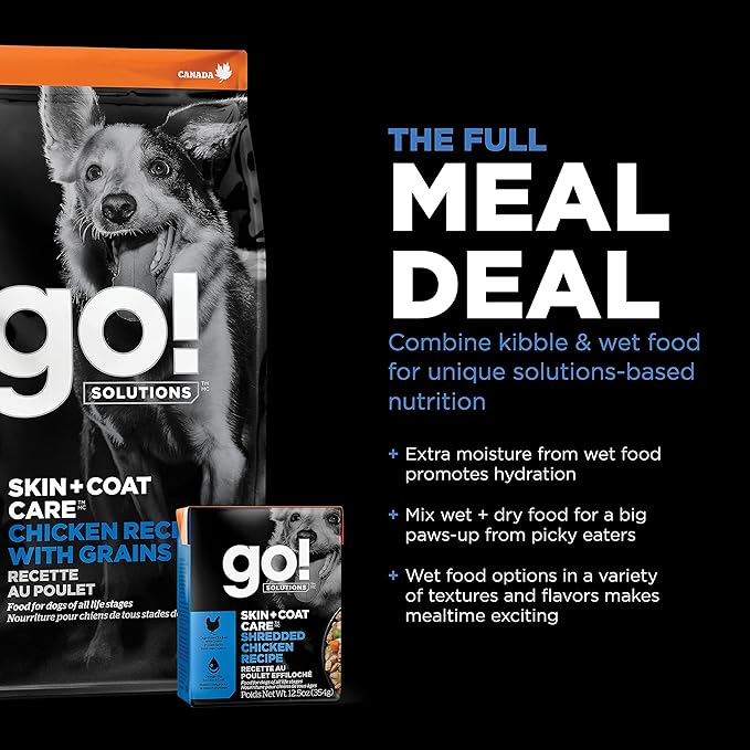 GO! SOLUTIONS Skin + Coat Care - Dry Dog Food, 12 lb - Chicken Recipe with Grains for All Life Stages - Complete + Balanced Nutrition for Dogs