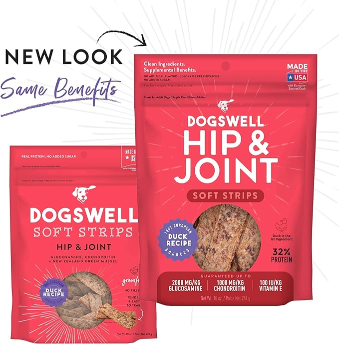 DOGSWELL Hip & Joint Dog Treats 100% Meaty, Grain Free, Glucosamine Chondroitin & Omega 3, Duck Soft Strips 10 oz