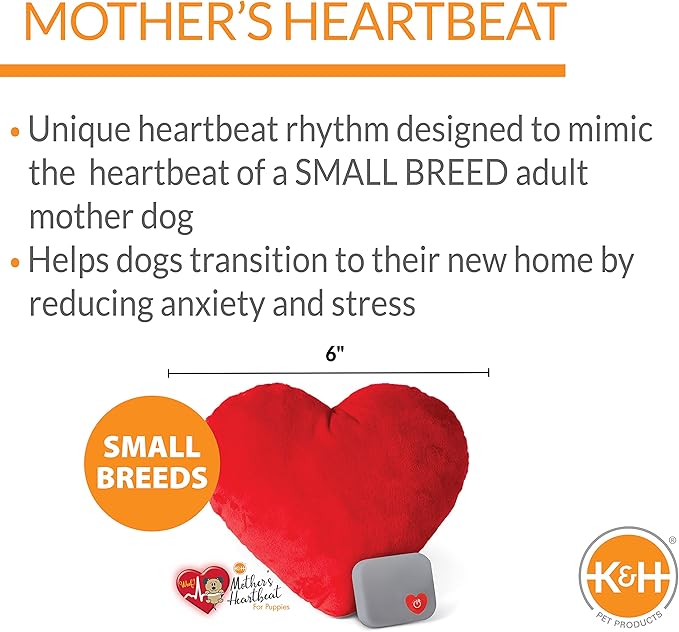 K&H Pet Products Mother's Heartbeat Calming Dog Toy Heart Pillow Red Small Breed Heartbeat 6 Inch