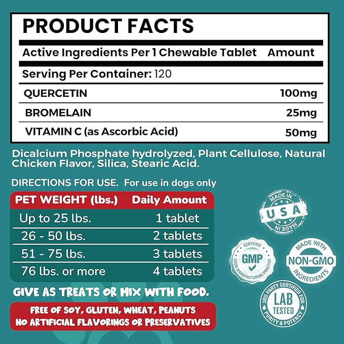 Quercetin for Dogs with Bromelain and Vitamin C | 3-in-1 Supplement for Dog Allergies, Immune Support, Itch Relief, Promote Inflammatory Relief & Antioxidant Activity | 120 Chewable Tablets