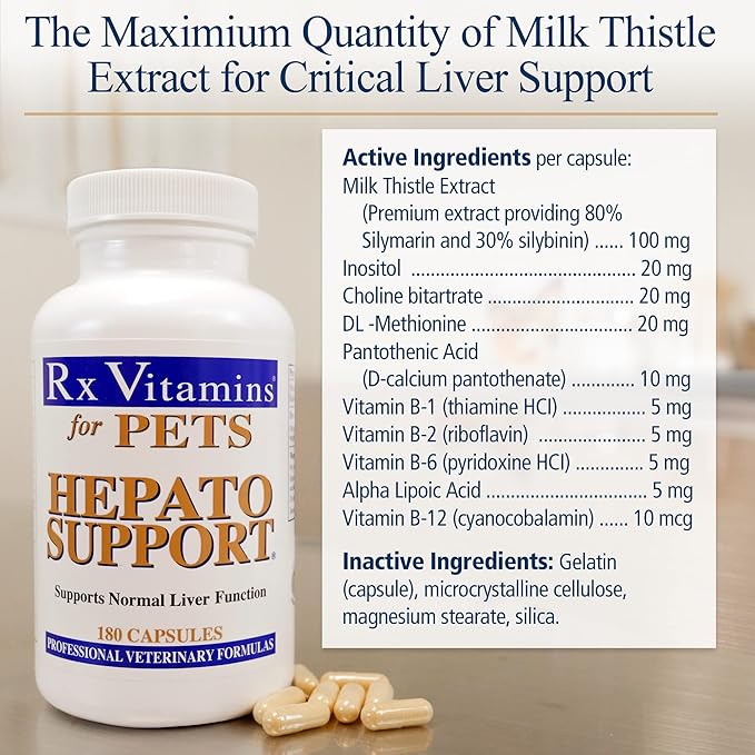 Rx Vitamins Hepato Support for Dogs & Cats - Milk Thistle Supplement for Pets - 100mg Milk Thistle for Healthy Liver Function - Silymarin Capsules for Pets - 180 ct.