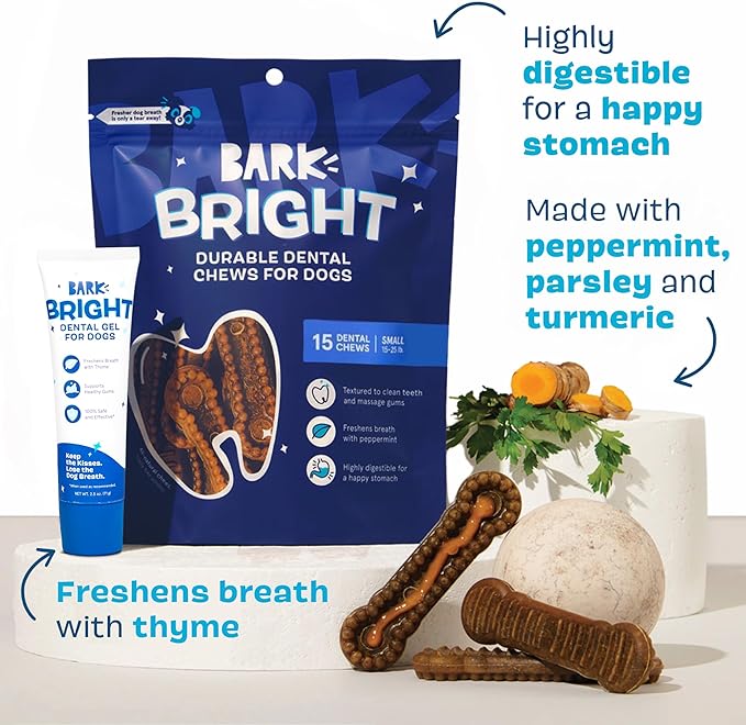 Bark Bright Durable Dental Chews Kit - Dog Tooth Brushing Treatment with Teeth Cleaning Chew Sticks & Toothpaste - Plaque & Tartar Remover for Cleaner Teeth & Fresh Breath - Small Breeds - 15 Chews