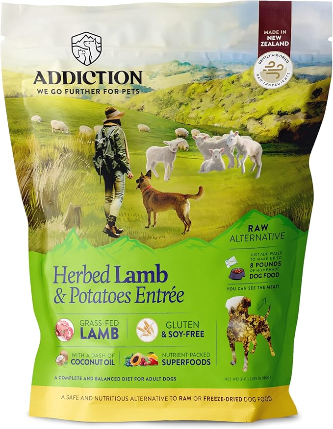 Addiction Herbed Lamb & Potatoes Raw Alternative Dog Food - Gently Air-Dried Complete Meal or Dog Food Topper for Digestive and Skin and Coat Health, 2 lb