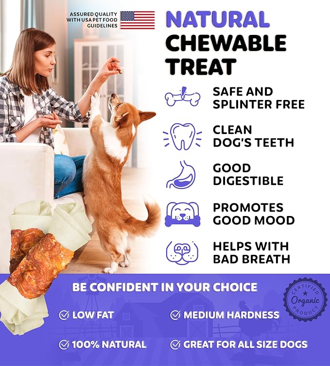 Chicken Wrapped Knotted Rawhide Bones Dog Treats - Dog Dental Health Support, Long-Lasting, Grain Free Canine Treats - Low-Calorie & High-Protein Real Chicken Dog Chews, 12 oz