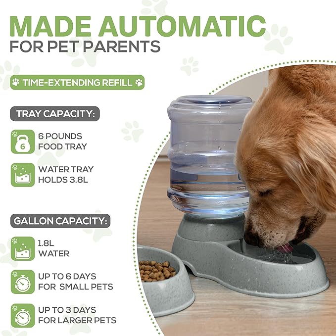 2 Pack Self Feeding Dog Food and Water Dispenser - 3.75L Automatic Pet Feeder for Small & Medium Dogs, Spill Proof Gravity Cat Feeder and Water Dispenser (Grey)