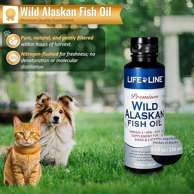 Life Line Pet Nutrition Wild Alaskan Fish Oil Omega-3 Supplement for Skin & Coat – Supports Brain, Eye & Heart Health in Dogs & Cats, 8.5oz