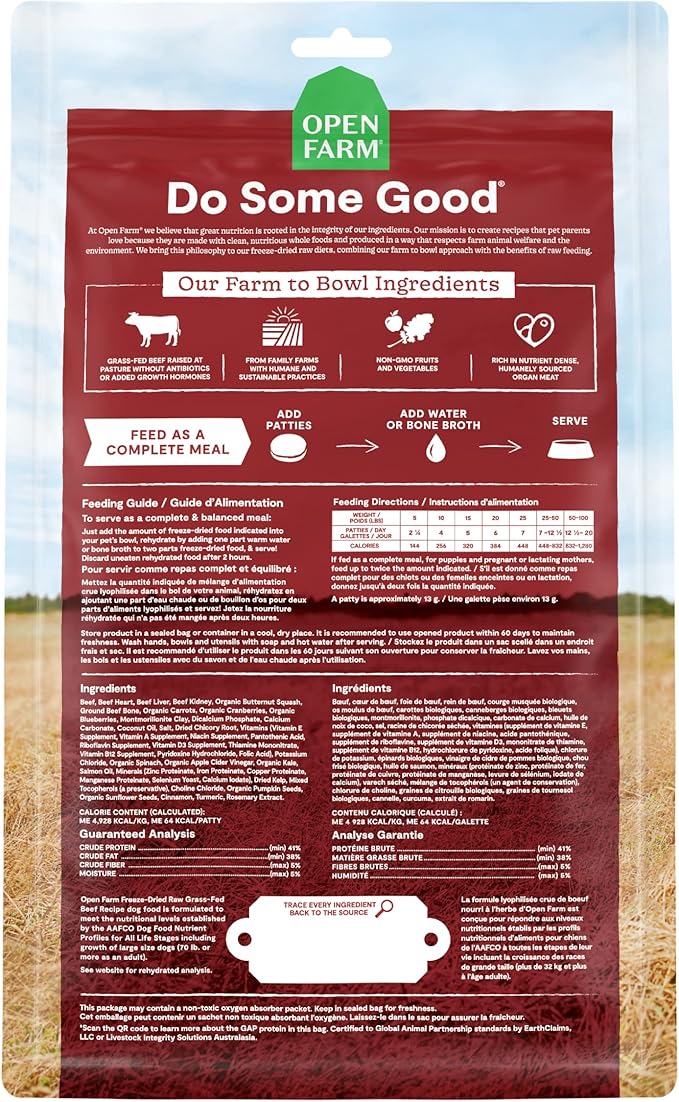 Open Farm Freeze Dried Raw Patties for Dogs, Humanely Raised Meat Recipe with Non-GMO Superfoods and No Artificial Flavors or Preservatives, Grass Fed Beef Recipe, 10.5oz