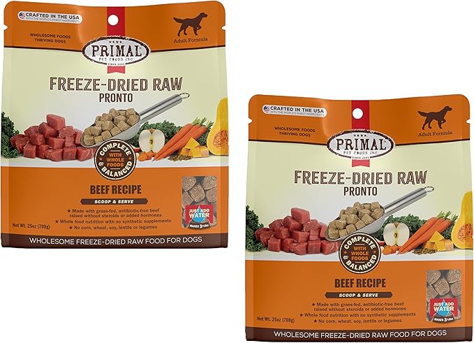 Primal Freeze Dried Dog Food Pronto, Beef; Scoop & Serve, Complete & Balanced Meal; Also Use as Topper or Treat; Premium, Healthy, Grain Free High Protein Raw Dog Food (25 oz, 2-pack)