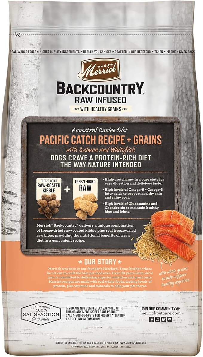 Merrick Backcountry Healthy Grains Premium Dog Food Kibble with Freeze Dried Raw Pieces, Pacific Catch Recipe - 4.0 lb. Bag